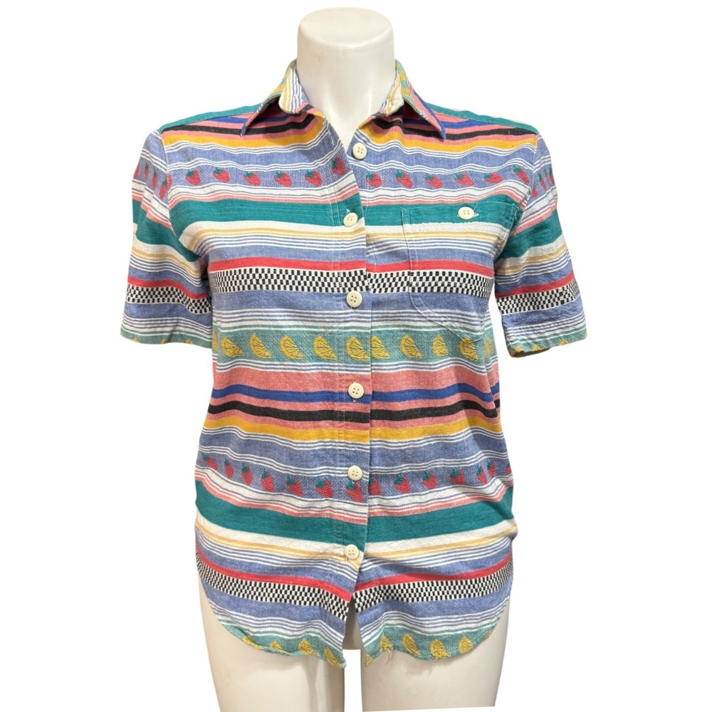 Vintage Cabin Creek Multi-Color Striped Fruit Embroidered Cotton Shirt Medium